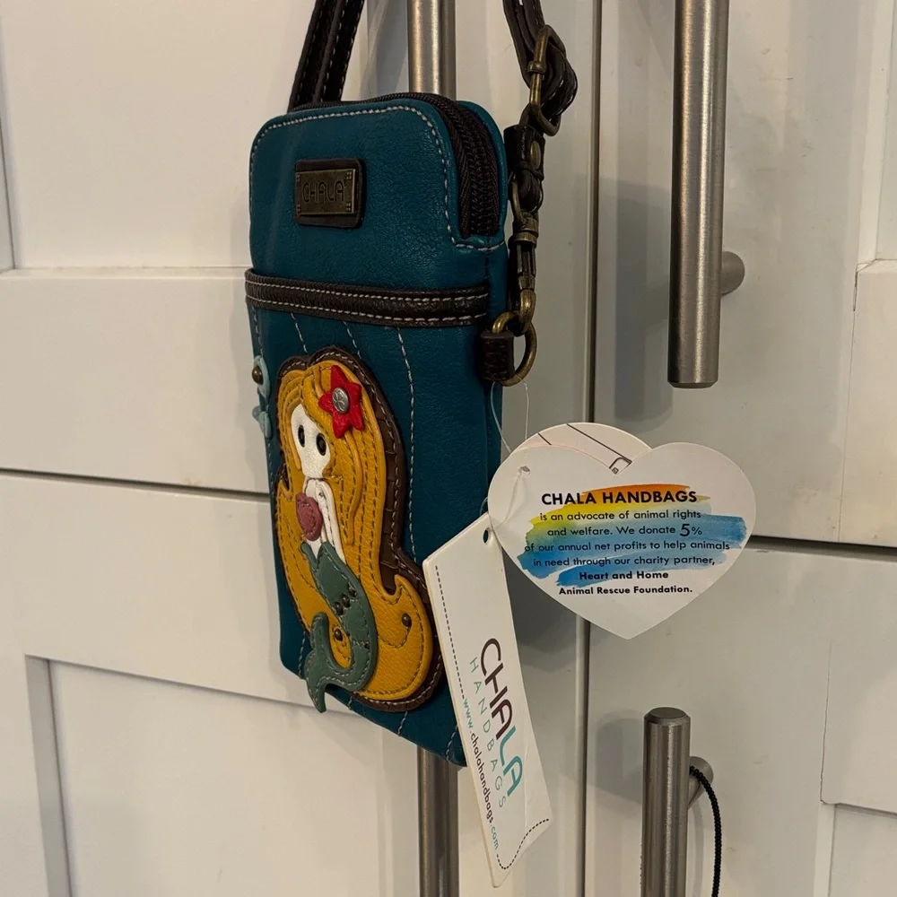 Chala Teal and Brown Crossbody with Mermaid Patch - Picture 2 of 7